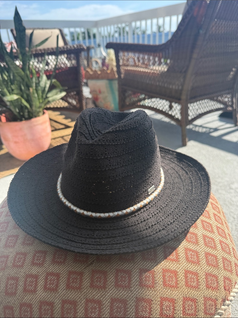 Black Crochet Banana Moon Braided-Trim Cotton Fedora Hat